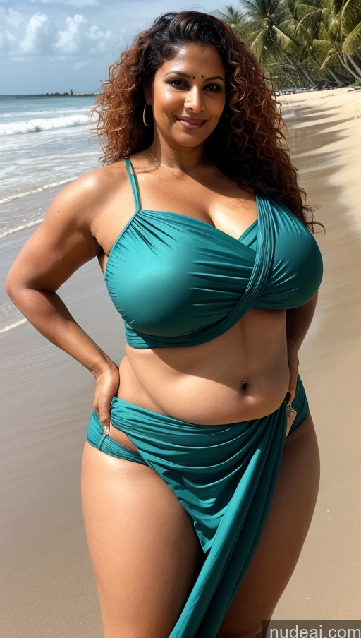 ai nude image of araffe woman in a green bikini posing on the beach pics of Milf Busty Huge Boobs Beautiful Muscular Big Ass Abs Thick Big Hips Tall Dark Skin 50s Seductive Indian Sexy Face Curly Hair Ginger Blouse Sari Beach Close-up View T-pose Fat Tattoos