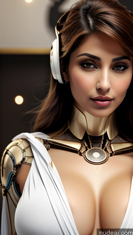 ai nude image of araffe woman with headphones and a white dress posing for a picture pics of Busty Perfect Boobs Pubic Hair Tanned Skin Arabic Futuristicbot V2 Phoenixdress Huge Tits, Hard Nipples