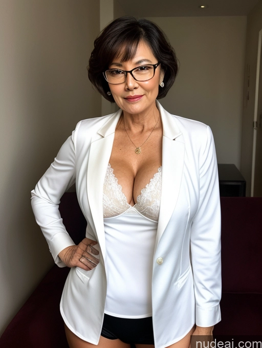 ai nude image of there is a woman in a white jacket and black shorts posing for a picture pics of Milf Perfect Boobs Beautiful Glasses Perfect Body 60s Seductive Pixie Chinese Party Blouse Casual Jacket Professor Secretary Shirt Stylish Suit Cleavage Partially Nude Dark Lighting Detailed Sexy Face