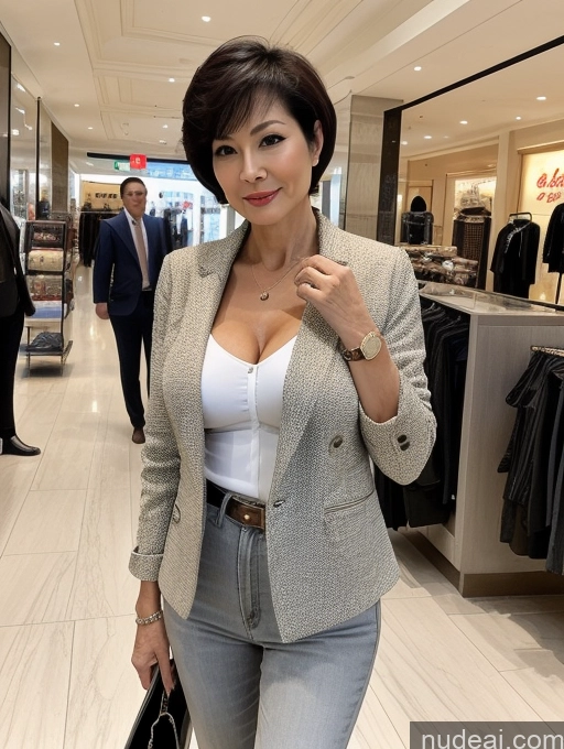 ai nude image of araffe woman in a white top and gray jacket and jeans pics of Milf Perfect Boobs Perfect Body Short Hair 70s Chinese Mall Blouse Bra Casual Jacket Professor Secretary Shirt Stylish Suit Cleavage Detailed