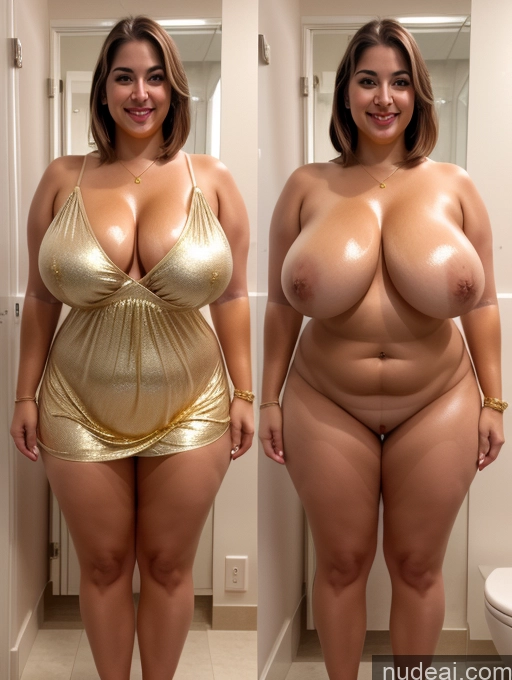 ai nude image of araffe woman in a gold dress before and after weight loss pics of Busty Perfect Boobs Big Ass Abs Big Hips Perfect Body Beautiful 20s Happy Brunette Bobcut Indian Bathroom Front View T-pose Nightgown Diamond Jewelry Gold Jewelry Cleavage Onoff Bright Lighting Model One