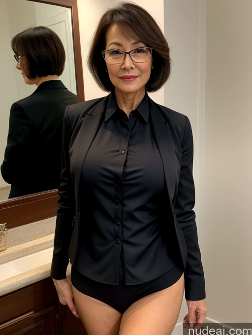 ai nude image of there is a woman in a black shirt and black pants in a bathroom pics of Milf Perfect Boobs Beautiful Glasses Perfect Body 60s Seductive Pixie Chinese Party Blouse Casual Jacket Professor Secretary Shirt Stylish Suit Cleavage Partially Nude Dark Lighting Detailed Sexy Face