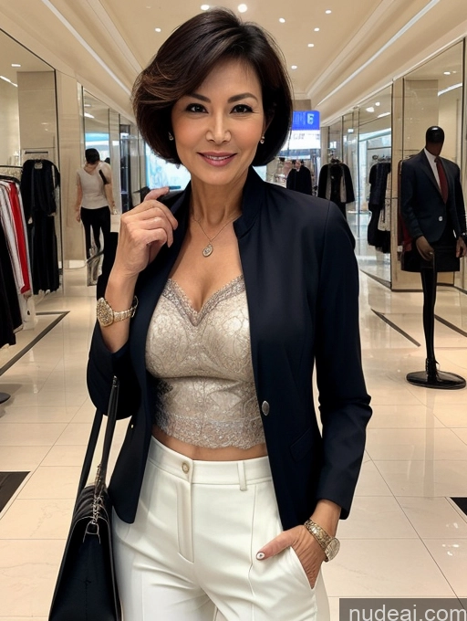 ai nude image of woman in a black jacket and white pants posing for a picture pics of Milf Perfect Boobs Perfect Body Short Hair 70s Chinese Mall Blouse Bra Casual Jacket Professor Secretary Shirt Stylish Suit Cleavage Detailed