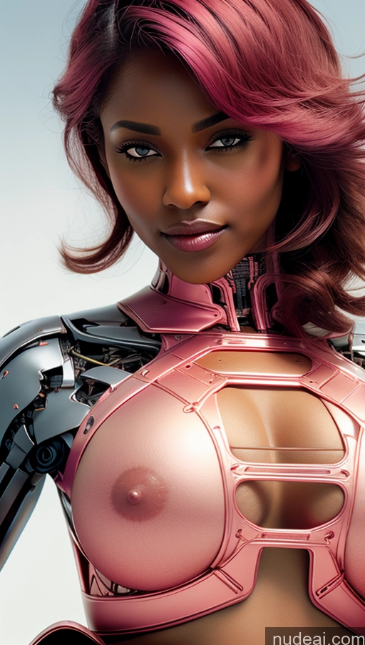 ai nude image of a close up of a woman in a pink suit with a robot on her chest pics of Busty Pubic Hair Tanned Skin Huge Tits, Hard Nipples French Futuristicbot V2 Crop Top Pink Hair Phoenixdress Close-up View Dark Skin