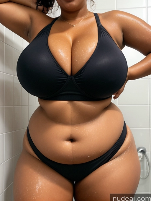 ai nude image of there is a woman in a black bikini posing in a shower pics of White Hair Bun Brunette 30s Oiled Body Tanned Skin Thick Chubby Big Ass Huge Boobs Glasses Big Hips Woman Shower Cleavage Busty Sports Bra Short Shorts Bending Over Seductive