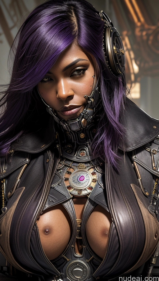 ai nude image of arafed woman with purple hair and a steampunk outfit pics of Busty Pubic Hair Tanned Skin Huge Tits, Hard Nipples French Futuristicbot V2 Close-up View Dark Skin Purple Hair Steampunk