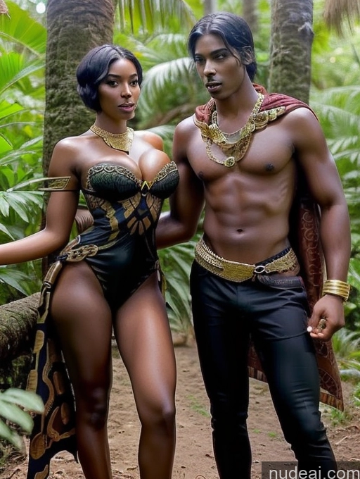 One Woman + Man Busty Perfect Boobs Beautiful Thick Tall Long Legs Dark Skin Round Ass 20s Seductive Sexy Face Black Hair Short Hair African Dark Fantasy Jungle Dynamic View Fantasy Armor African Doll Likeness Gold Jewelry Jewelry Dark Lighting