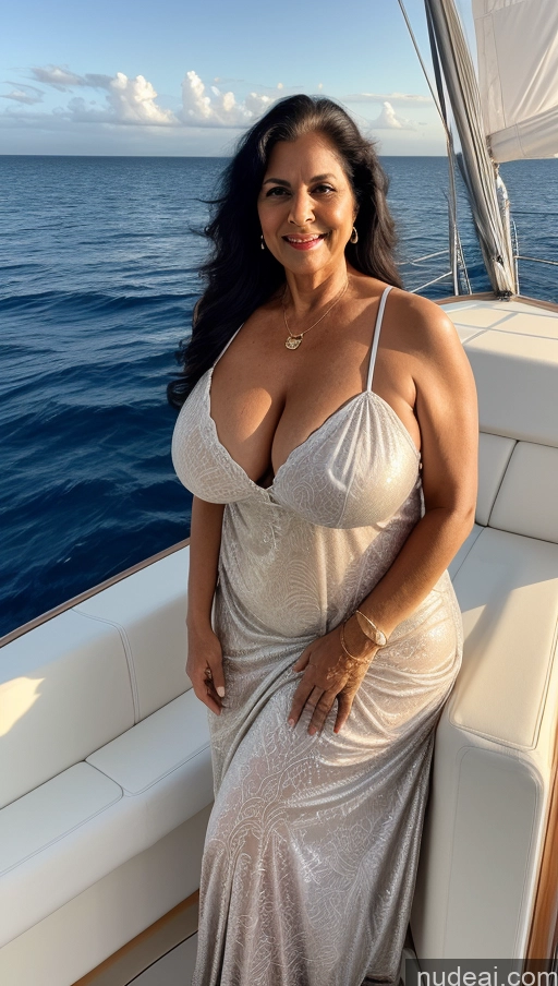 ai nude image of araffe woman in a white dress sitting on a boat pics of Milf One Big Ass Busty Black Hair Long Hair Indian Cleavage Bright Lighting Nightgown 70s Yacht