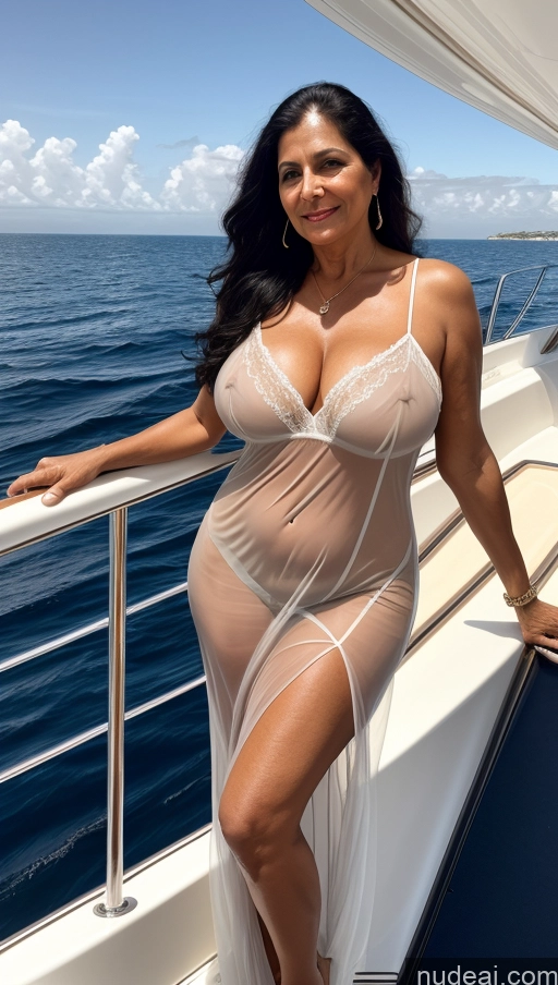 ai nude image of araffe woman in a sheer white dress on a boat pics of Milf One Big Ass Busty Black Hair Long Hair Indian Cleavage Bright Lighting Nightgown 70s Yacht Transparent