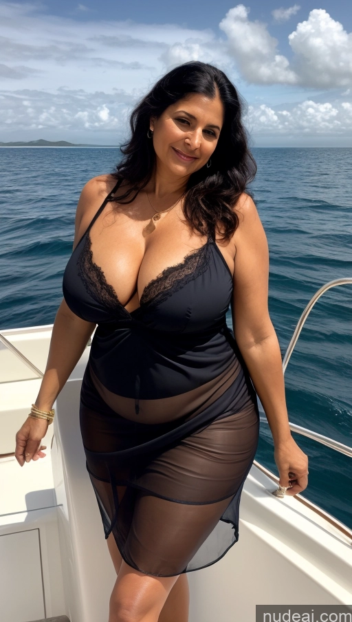 ai nude image of araffe woman in a black dress on a boat in the ocean pics of Milf One Big Ass Busty Black Hair Long Hair Indian Cleavage Bright Lighting Nightgown 70s Yacht Transparent Micro Skirt