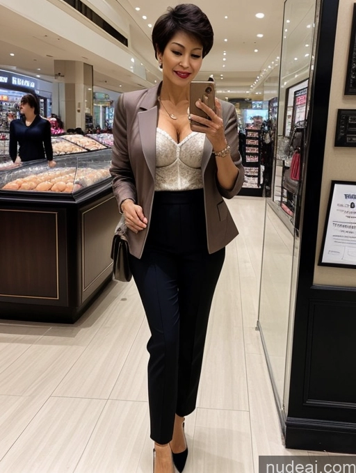 ai nude image of woman in a store taking a selfie with her cell phone pics of Milf Perfect Boobs Perfect Body Short Hair 70s Chinese Mall Blouse Bra Casual Jacket Professor Secretary Shirt Stylish Suit Cleavage Detailed