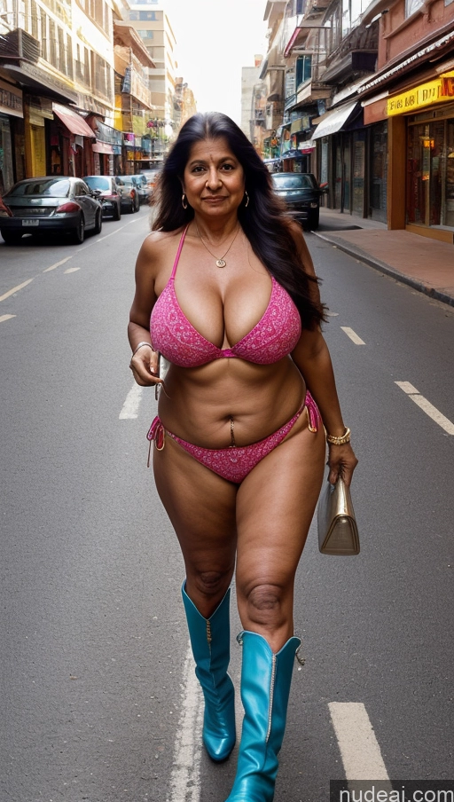 ai nude image of araffe woman in a pink bikini and cowboy boots walking down a street pics of Milf One Busty Big Ass 70s Long Hair Indian Cleavage Bright Lighting Bikini Boots Street