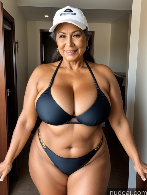 ai nude image of arafed woman in a bikini and hat posing for a picture pics of Milf One Busty Huge Boobs Thick Tanned Skin Brazilian Front View Microkini Maid Thong 70s Construction Worker