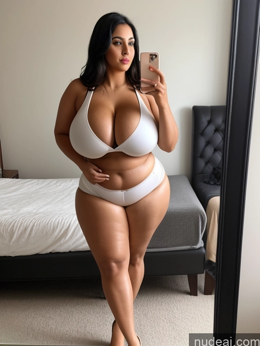 ai nude image of araffe woman in a white bikini taking a selfie in a mirror pics of One Busty 20s Black Hair Indian Mirror Selfie Bedroom Front View High Heels Cleavage Huge Boobs Woman Tanned Skin Thick Chubby Lipstick Sexy Face Sports Bra