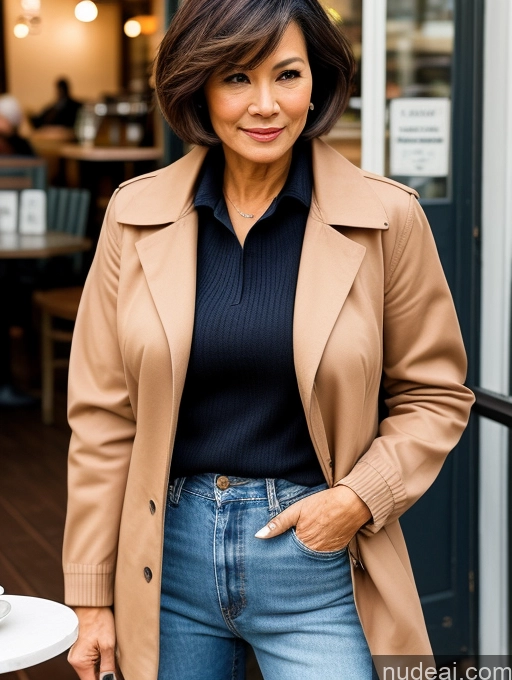 ai nude image of arafed woman in a tan coat and jeans standing in front of a cafe pics of Milf Perfect Boobs Perfect Body Beautiful Sexy Face Short Hair Cafe Jacket Jeans Casual Stylish Secretary Professor Shirt Sweater Cleavage Detailed Filipina 60s