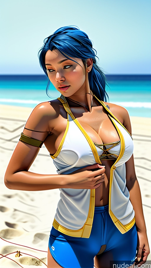 ai nude image of there is a woman in a bikini top and blue shorts on the beach pics of Busty French Skin Detail (beta) No Panties? Futuristicbot V2 Phoenixdress Huge Tits, Hard Nipples Blue Hair Beach Volleyball Objection!