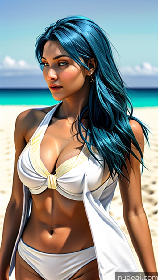 ai nude image of woman with blue hair and white bikini on beach with blue water pics of Busty French Skin Detail (beta) No Panties? Futuristicbot V2 Phoenixdress Huge Tits, Hard Nipples Blue Hair Beach Volleyball Objection!