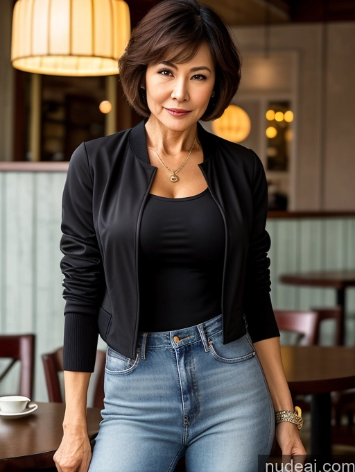 related ai porn images free for Milf Perfect Boobs Perfect Body Beautiful Sexy Face Short Hair Cafe Jacket Jeans Casual Stylish Secretary Professor Shirt Sweater Cleavage Detailed Chinese 70s Dark Lighting