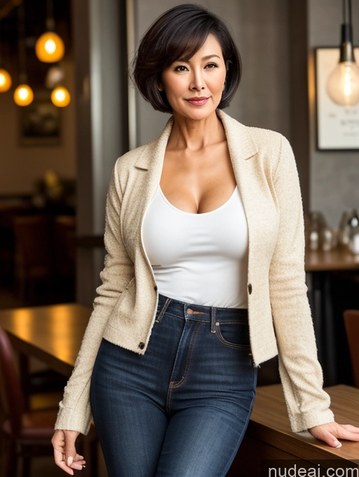 related ai porn images free for Milf Perfect Boobs Perfect Body Beautiful Sexy Face Short Hair Cafe Jacket Jeans Casual Stylish Secretary Professor Shirt Sweater Cleavage Detailed Chinese 70s Dark Lighting