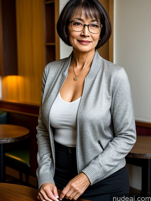 ai nude image of smiling woman in glasses standing in a restaurant with a wooden table pics of Milf Perfect Boobs Perfect Body Beautiful 70s Glasses Sexy Face Short Hair Chinese Cafe Casual Jacket Sweater Stylish Secretary Professor Shirt Blouse Cleavage Detailed Dark Lighting