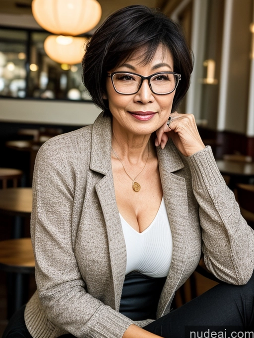 ai nude image of smiling woman in glasses sitting in a restaurant with a wooden table pics of Milf Perfect Boobs Perfect Body Beautiful 70s Glasses Sexy Face Short Hair Chinese Cafe Casual Jacket Sweater Stylish Secretary Professor Shirt Blouse Cleavage Detailed Dark Lighting