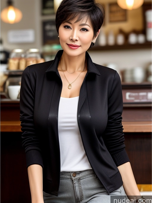 ai nude image of arafed woman sitting on a stool in a black jacket pics of Milf Perfect Boobs Perfect Body Beautiful 70s Sexy Face Short Hair Chinese Cafe Casual Jacket Sweater Stylish Secretary Professor Shirt Blouse Cleavage Detailed Dark Lighting