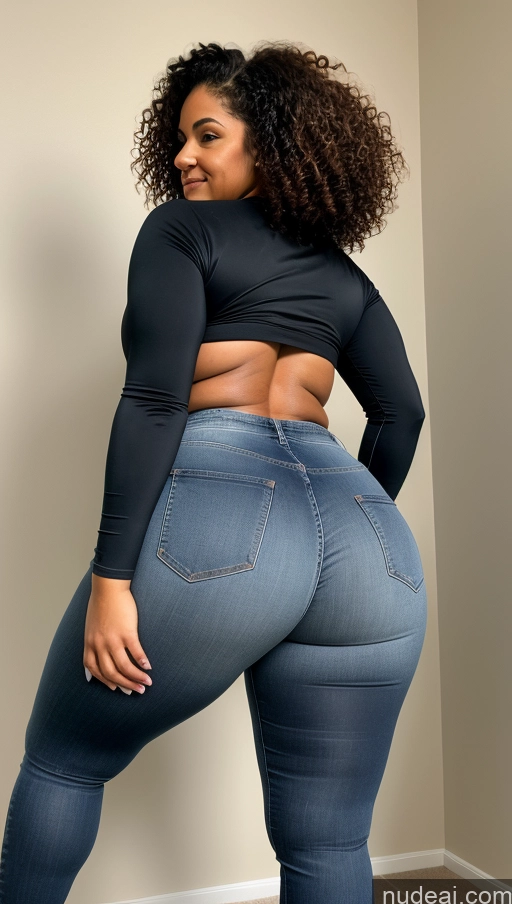 ai nude image of araffe woman in a black top and jeans posing for a picture pics of Athlete Big Ass Big Hips Jeans Curly Hair