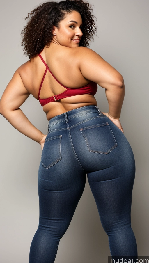 ai nude image of araffe woman in a red bra top and jeans posing for a picture pics of Athlete Big Ass Big Hips Jeans Curly Hair