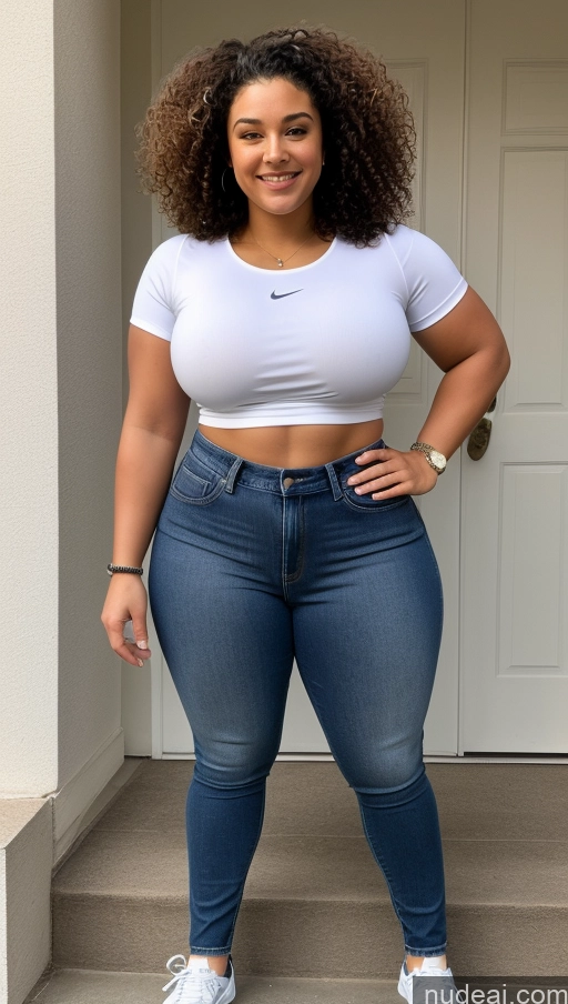 ai nude image of a woman in a white shirt and jeans posing for a picture pics of Athlete Big Ass Big Hips Jeans Curly Hair