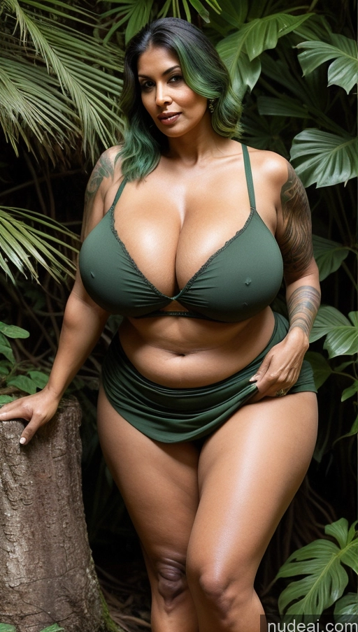 ai nude image of araffe woman in a green bikini posing for a picture pics of Milf Huge Boobs Beautiful Muscular Big Ass Abs Thick Tall Dark Skin T-pose Cleavage Sexy Face 60s Tattoos Indian Busty Fat Blouse Hair Bun Seductive Green Hair Long Skirt Front View Jungle