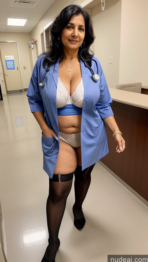 ai nude image of arafed woman in a blue lab coat and black stockings posing for a picture pics of Milf One Busty Big Ass 70s Black Hair Long Hair Indian Hospital Doctor Stockings Thong Cleavage