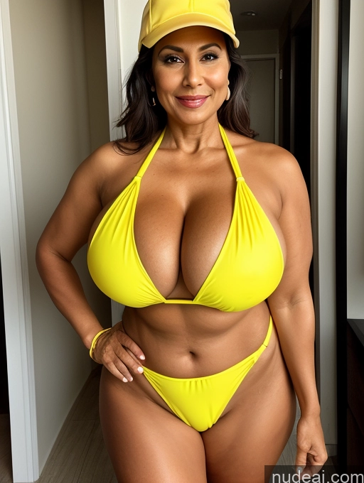 ai nude image of arafed woman in a yellow bikini and a yellow hat pics of Milf One Busty Huge Boobs Thick Tanned Skin Front View Microkini Thong 60s Indian Construction Worker Maid Vampire