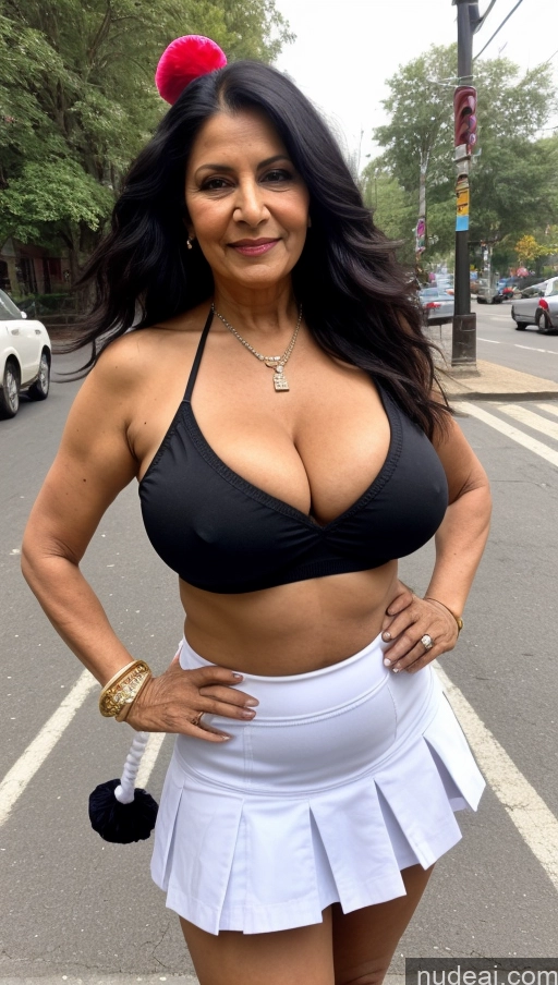 ai nude image of arafed woman in a black top and white skirt posing for a picture pics of Milf One Busty Big Ass 70s Black Hair Long Hair Indian Street Cleavage Cheerleader Outfit Blue Archive