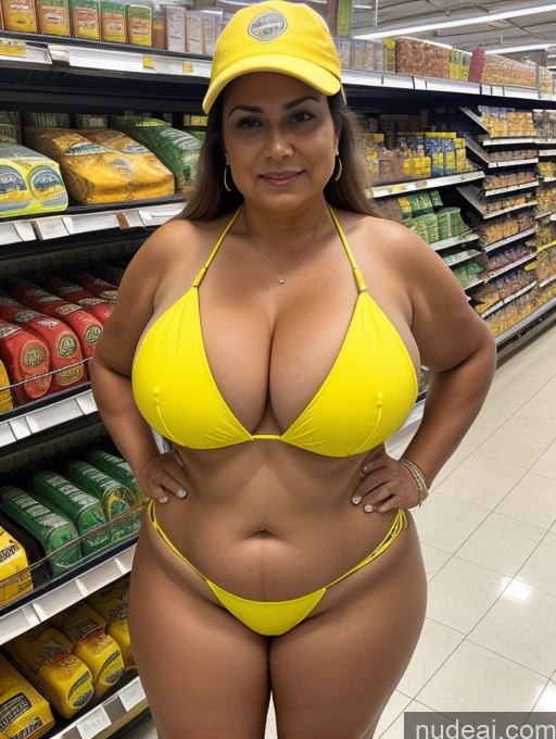 ai nude image of a woman in a yellow bikini and a yellow hat posing for a picture pics of Milf One Busty Huge Boobs Thick Tanned Skin Front View Microkini Thong Indian Grocery Chubby Construction Worker 80s