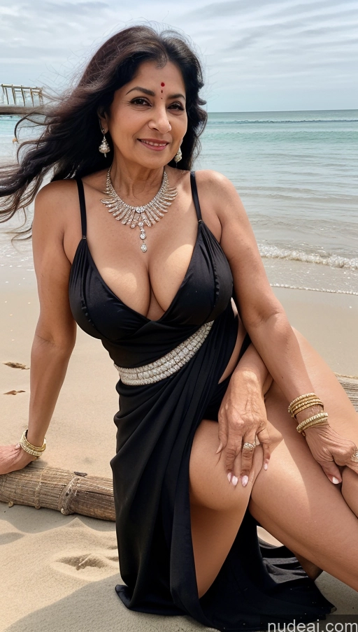 ai nude image of araffe woman in a black dress sitting on a beach pics of Milf One Busty Big Ass 70s Black Hair Long Hair Indian Thong Dance Dress: Latin Cleavage Diamond Jewelry Beach