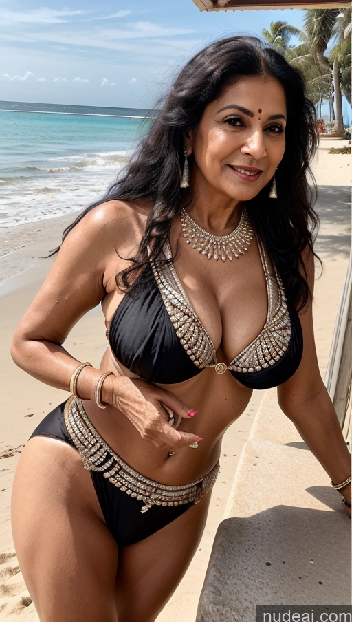 ai nude image of araffe woman in a black bikini posing on the beach pics of Milf One Busty Big Ass 70s Black Hair Long Hair Indian Thong Dance Dress: Latin Cleavage Diamond Jewelry Beach