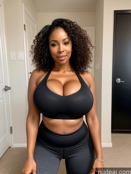 ai nude image of arafed woman in a black sports bra top and leggings posing for a picture pics of Busty Huge Boobs Perfect Boobs Big Ass Perfect Body Milf 50s Seductive Black Hair Curly Hair African Front View Blowjob Yoga Pants Sports Bra