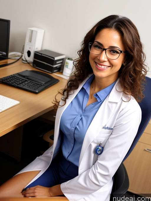 ai nude image of smiling woman in lab coat sitting at desk with computer and keyboard pics of Woman One Perfect Boobs Beautiful Glasses Short Perfect Body Tanned Skin 20s Happy Brunette Curly Hair Latina Office Front View Doctor Lab Coat Pearl Jewelry Pubic Hair Blowjob