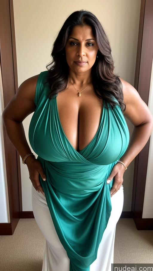 ai nude image of araffe woman in a green dress posing for a picture pics of Milf Busty Huge Boobs Beautiful Muscular Big Ass Thick Big Hips Tall Dark Skin Indian Sexy Face Beach 60s Cleavage Serious Brunette Fat Tattoos Long Hair T-pose Blouse Sari Front View