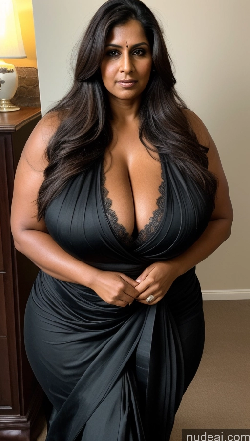 ai nude image of araffe woman in a black dress posing for a picture pics of Milf Huge Boobs Beautiful Muscular Big Ass Thick Big Hips Tall Dark Skin Indian Sexy Face 60s Cleavage Serious Brunette Fat Tattoos Long Hair Front View T-pose Blouse Sari Hell