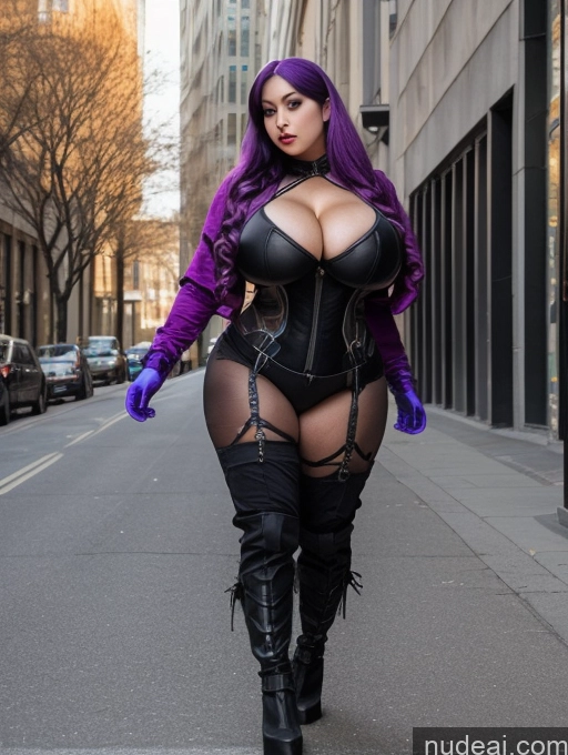 ai nude image of araffe dressed in a black corset and purple gloves walking down a street pics of Milf Several Busty Huge Boobs Perfect Boobs Thick Big Ass Big Hips 20s Sexy Face Purple Hair Pigtails Asian Street Front View Bright Lighting Goth Mech Suit Superhero