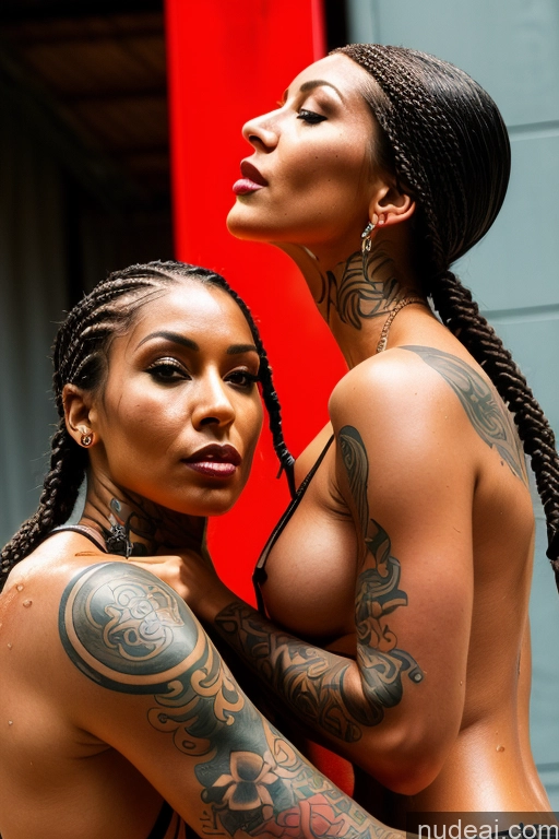 ai nude image of there are two women with tattoos on their arms and arms pics of Tattoos Big Ass Tall Tanned Skin Oiled Body Seductive Braided Cyberpunk Street Front View Nude Devil Detailed Fairer Skin Esther 60s Pink Hair Nigerian