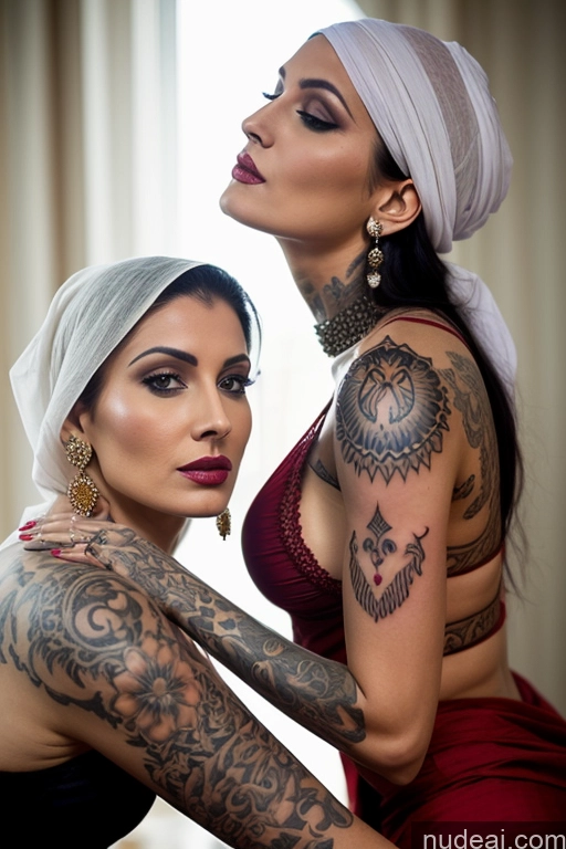 ai nude image of two women with tattoos on their arms and arms are posing for a picture pics of Tattoos Big Ass Tall Tanned Skin Seductive Front View Devil Fairer Skin 60s Dark Fantasy Salwar Tank Top