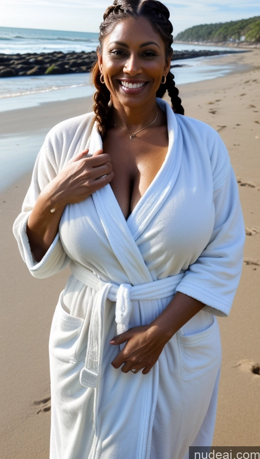 ai nude image of woman in white robe standing on beach with hand on her hip pics of Milf Busty Huge Boobs Beautiful Tattoos Big Ass Thick Big Hips Tall Dark Skin 50s Laughing Indian Detailed Sexy Face Braided Bathrobe Beach Ginger Muscular T-pose Close-up View