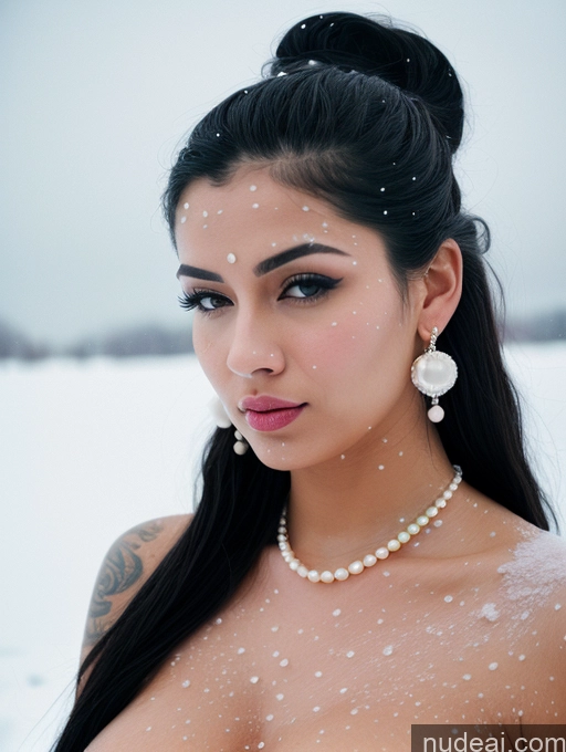 related ai porn images free for Two Woman Beautiful Tattoos Thick 20s Pouting Lips Black Hair Pigtails Indian Snow Front View Transparent Cleavage Pearl Jewelry Bright Lighting Detailed Film Photo