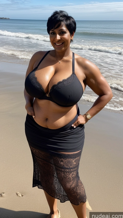 ai nude image of araffe woman in a black dress standing on a beach pics of Milf Busty Huge Boobs Beautiful Muscular Abs Thick Chubby Big Hips Tall Dark Skin 50s Laughing Black Hair Pixie Indian Beach Front View T-pose Bra Long Skirt Detailed Sexy Face Tattoos