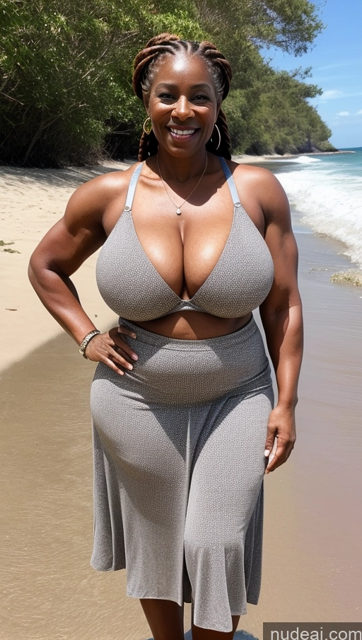 ai nude image of arafed woman in a gray dress standing on a beach pics of Milf Busty Huge Boobs Beautiful Muscular Abs Thick Big Hips Tall Dark Skin Front View T-pose Bra Detailed Sexy Face Tattoos 60s Happy Black Long Skirt Big Ass Ginger Braided Beach