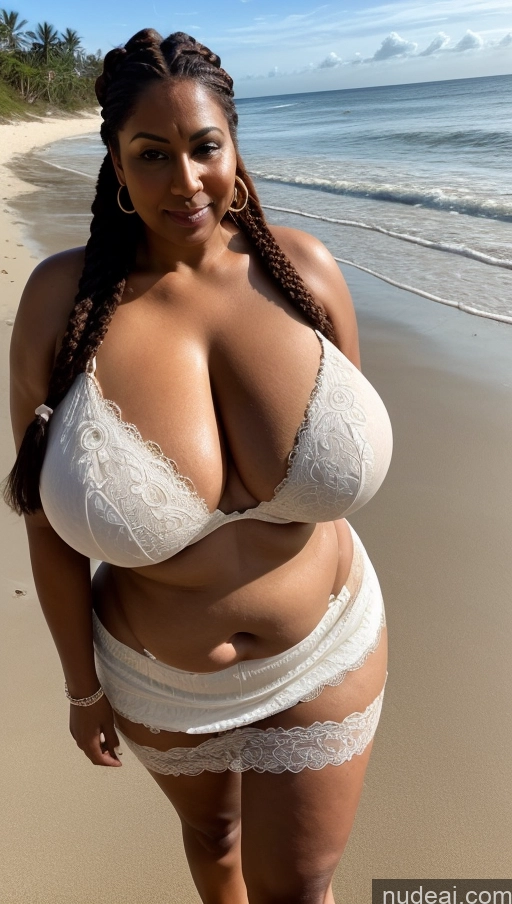 ai nude image of araffe woman in a white bikini posing on the beach pics of Milf Busty Huge Boobs Beautiful Thick Big Hips Tall Dark Skin Bra Detailed Sexy Face Tattoos Ginger Braided Indian One 50s Long Skirt Seductive Big Ass Beach T-pose Close-up View