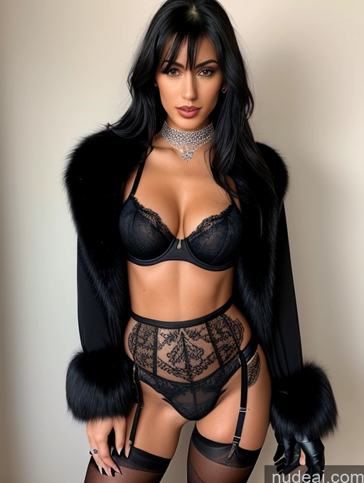 ai nude image of araffe woman in lingerie and fur coat posing for a picture pics of Lingerie Model Beautiful Perfect Boobs Tattoos Lipstick Big Ass Abs Big Hips Long Legs Perfect Body Tanned Skin 18 Orgasm Black Hair Long Hair Choker Fur Gloves High Heels High Socks Goth Lingerie Stylish Thigh Socks Diamond Jewelry