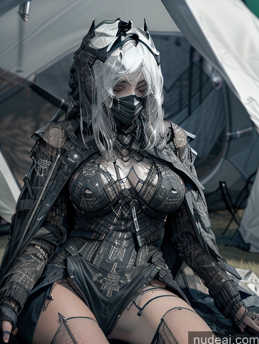 ai nude image of there is a woman in a costume sitting on the ground pics of Lingerie Model Perfect Boobs Close-up View Spread_legs, Pussy, Split_legs Gothic Punk Girl Arabic Dark Skin Huge Tits, Hard Nipples White Hair Busty Tent Futuristicbot V2